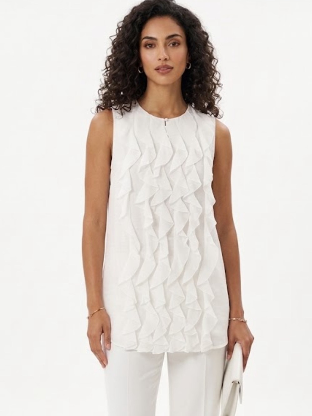Brunello Cucinelli Ivory Silk Ruffle Front Sleeveless Top